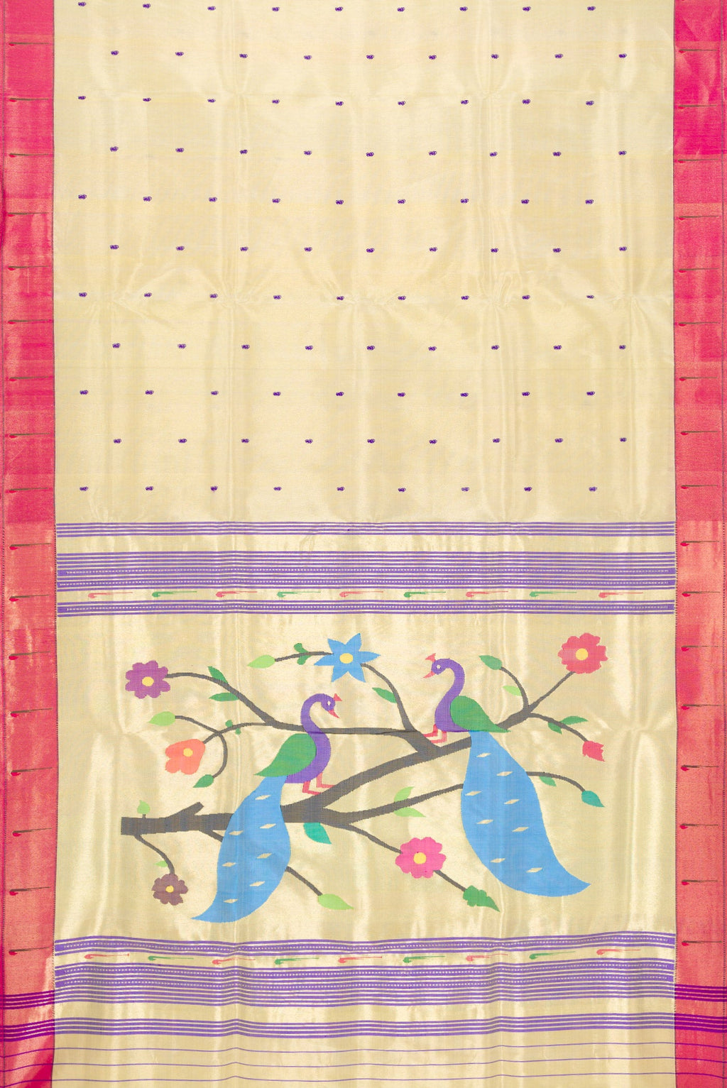 Flat view of Gold Dual Tone Paithani Silk Saree with Thread Butta on the body and Paithani Border. 