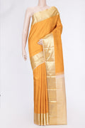 Mustard Dual Tone Kanjivaram Silk Saree with Jacquard design on the body and Zari Border.  displayed on a mannequin