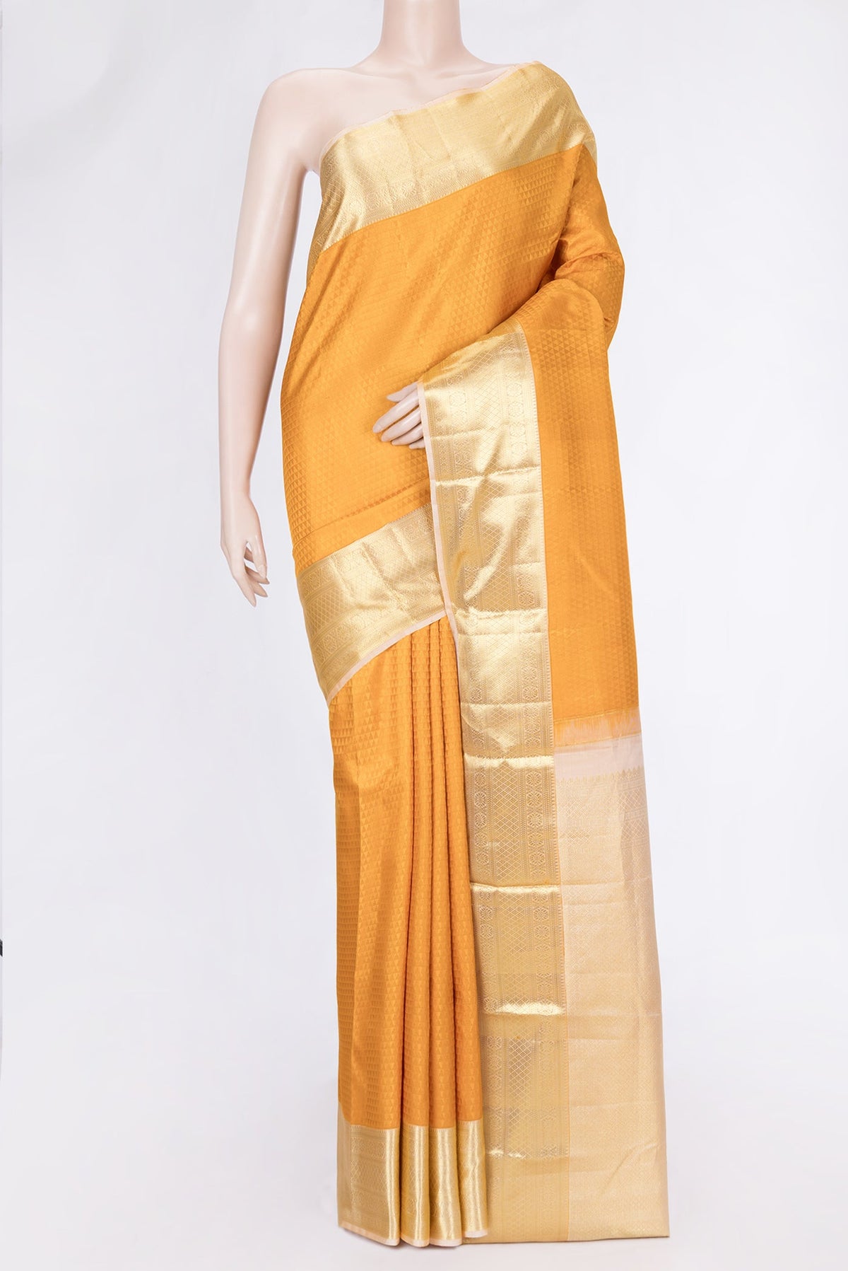 Mustard Dual Tone Kanjivaram Silk Saree with Jacquard design on the body and Zari Border.  displayed on a mannequin