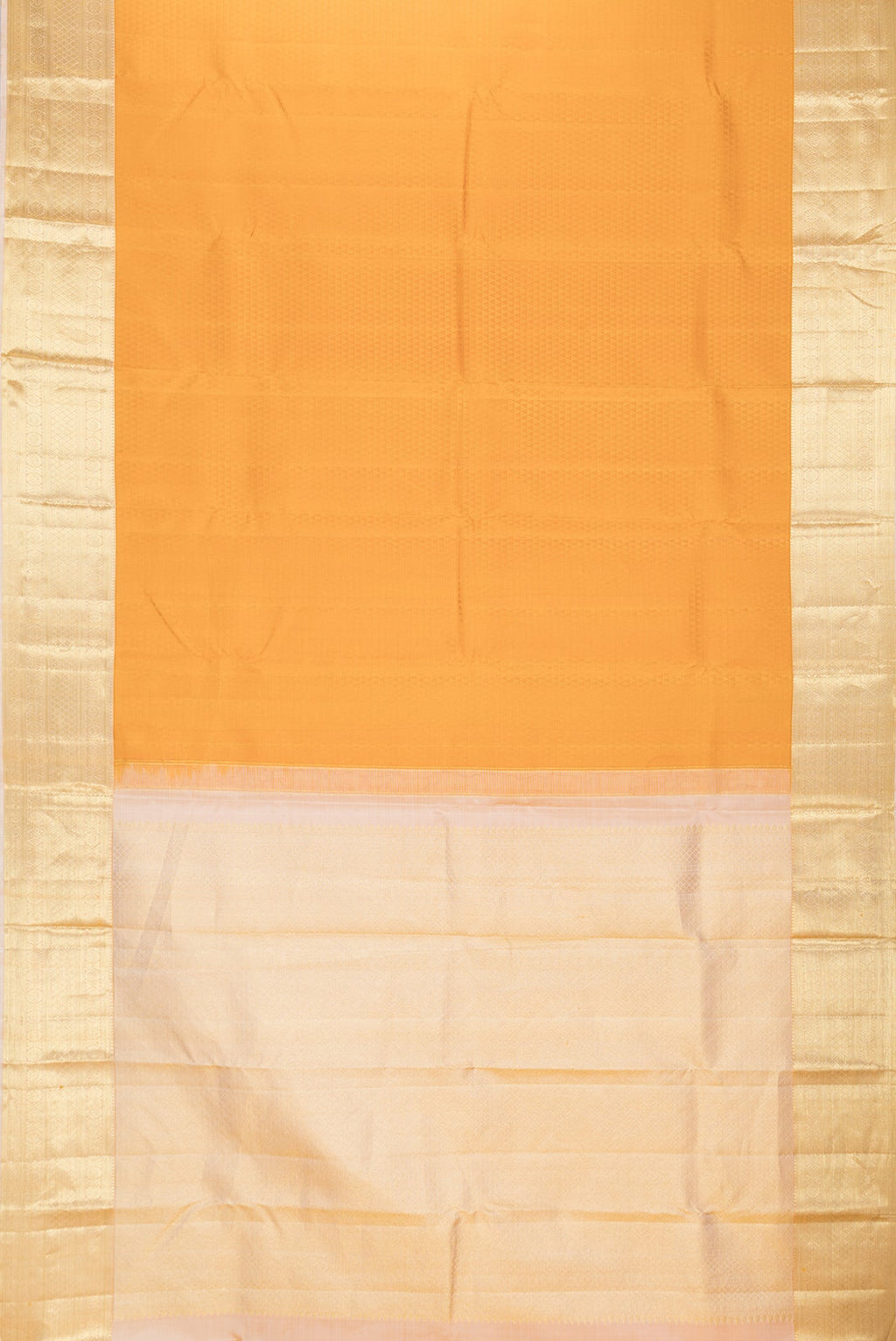 Flat view of Mustard Dual Tone Kanjivaram Silk Saree with Jacquard design on the body and Zari Border. 