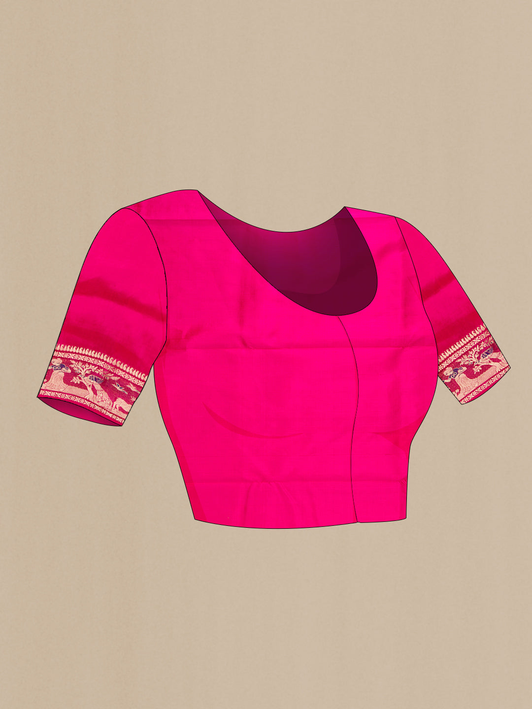 Close up image of the blouse of Pink Baluchari Silk Saree with Zari And Thread Butta on the body and Zari Border. 