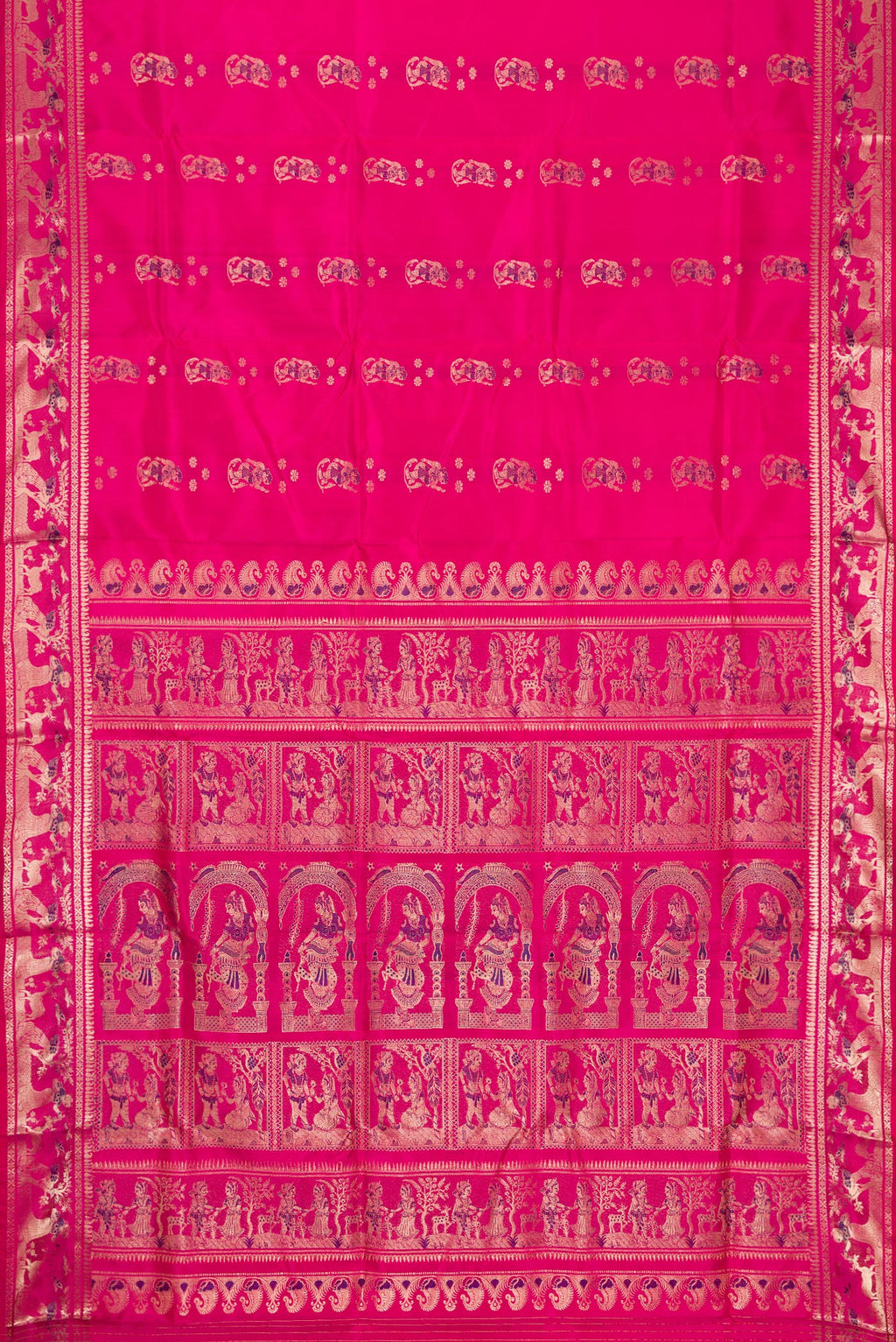 Flat view of Pink Baluchari Silk Saree with Zari And Thread Butta on the body and Zari Border. 