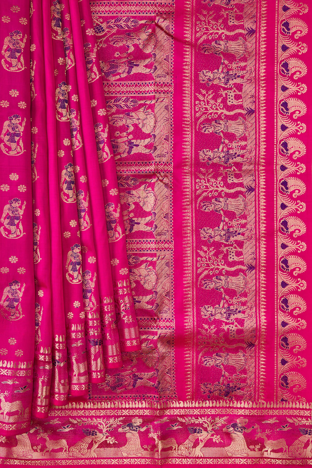 Pleats and pallu of Pink Baluchari Silk Saree with Zari And Thread Butta on the body and Zari Border. 