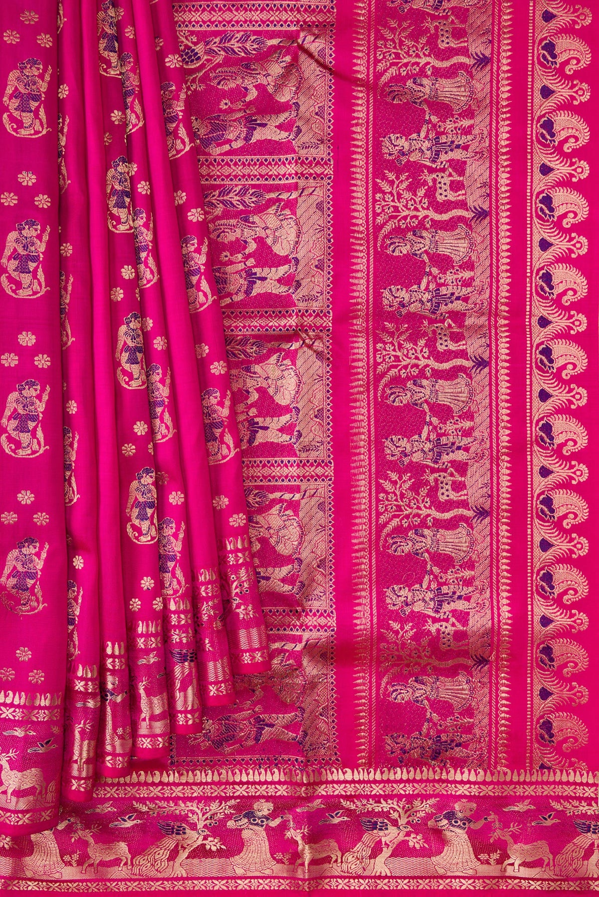 Pleats and pallu of Pink Baluchari Silk Saree with Zari And Thread Butta on the body and Zari Border. 