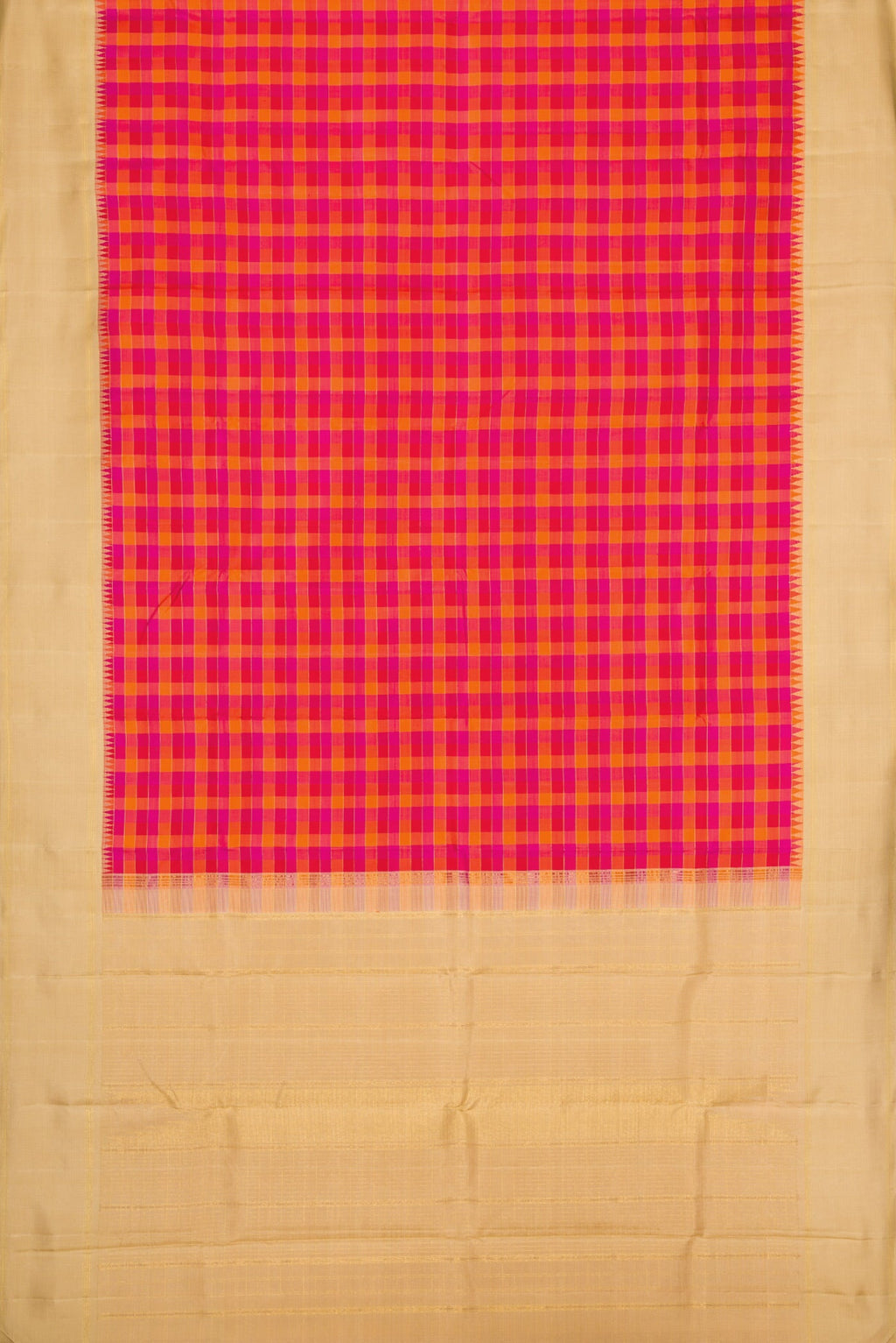 Flat view of Pure Silk Pure Zari Red, Pink and Maroon Color Kanchipuram Saree with Checked design on the body and Zari Border. 