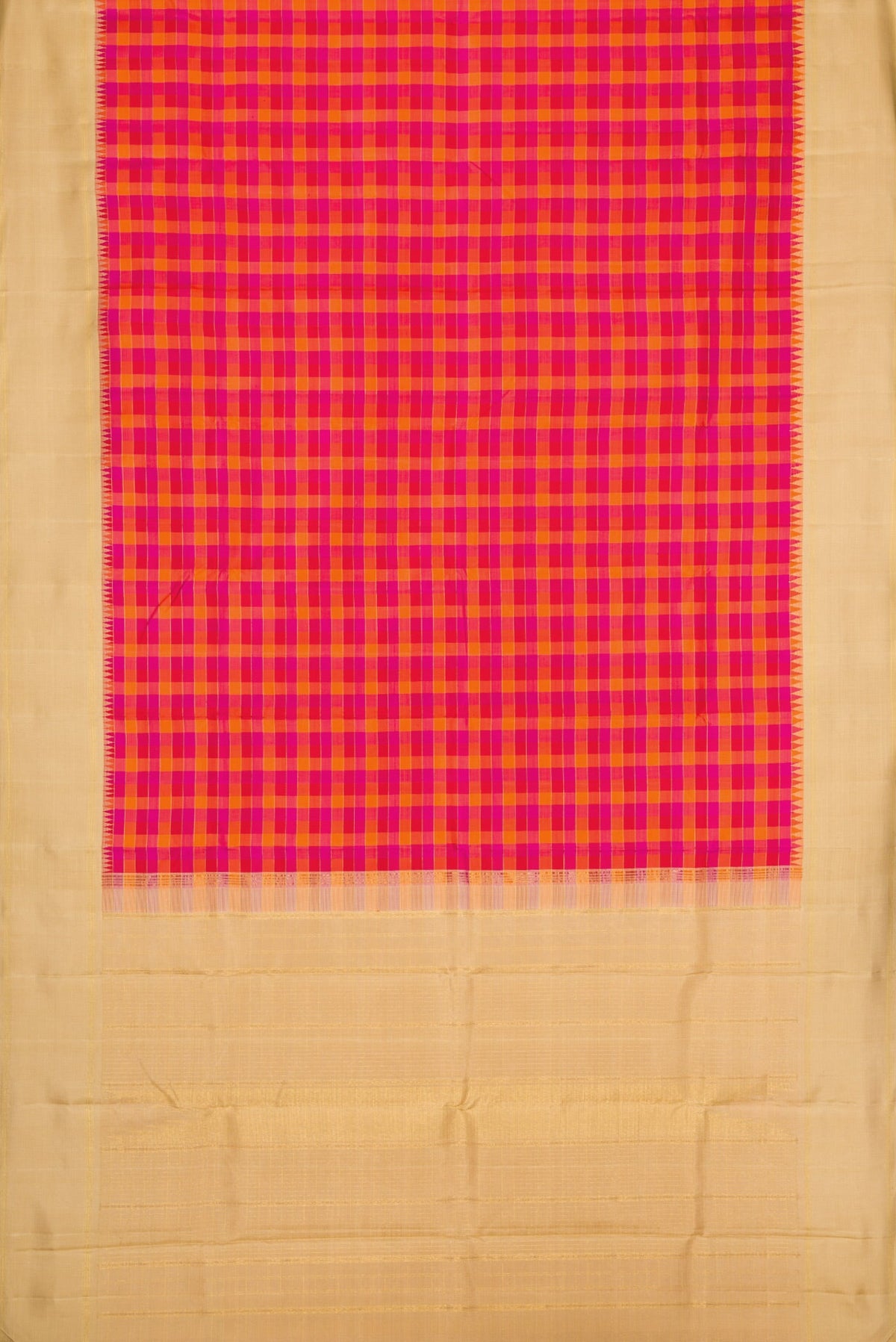Flat view of Pure Silk Pure Zari Red, Pink and Maroon Color Kanchipuram Saree with Checked design on the body and Zari Border. 