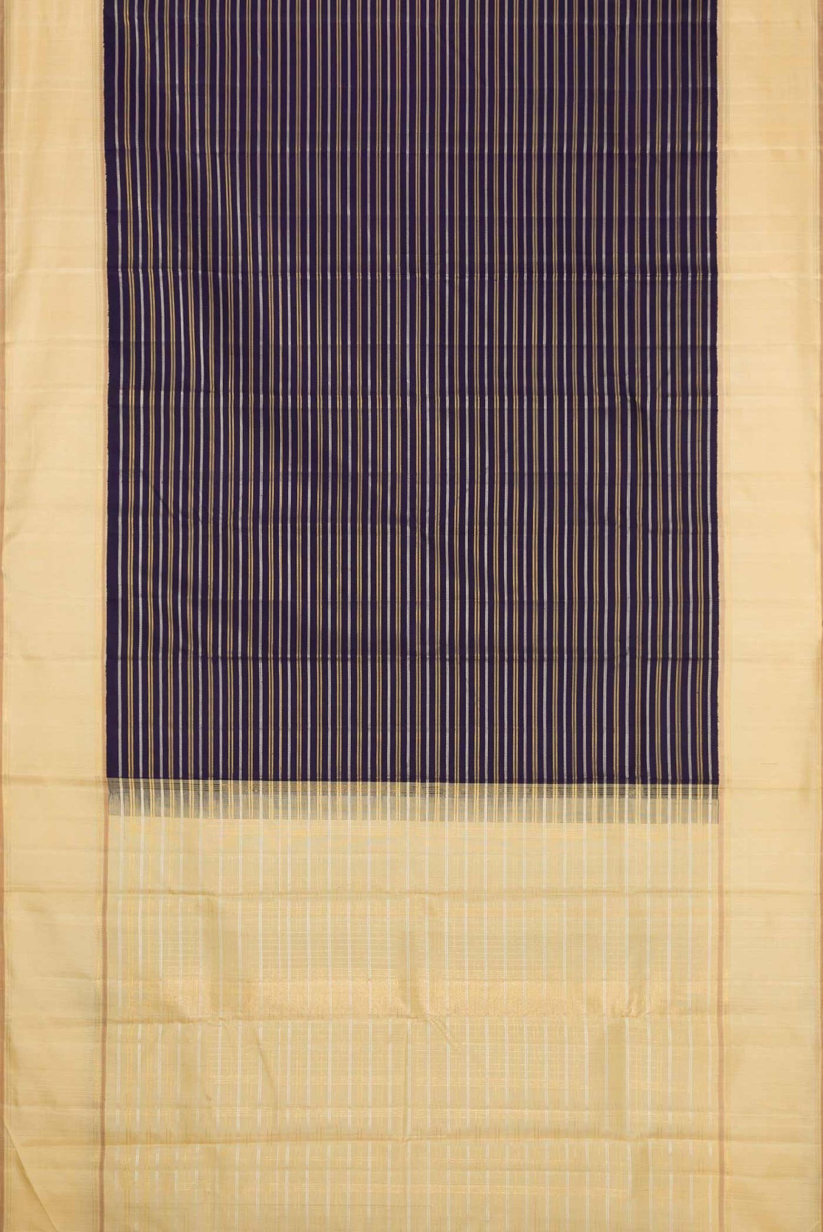 Flat view of Navy Blue Dual Tone Kanchipuram Silk Saree with Stripes on the body and Zari Border. 