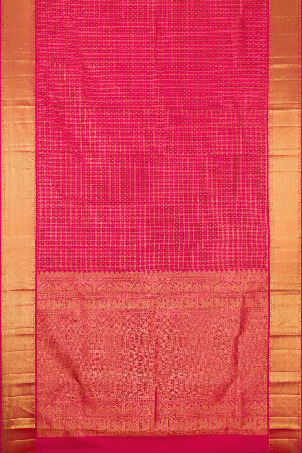 Flat view of Dark Pink Dual Tone Kanjivaram Silk Saree with Zari Brocade on the body and Zari Border. 