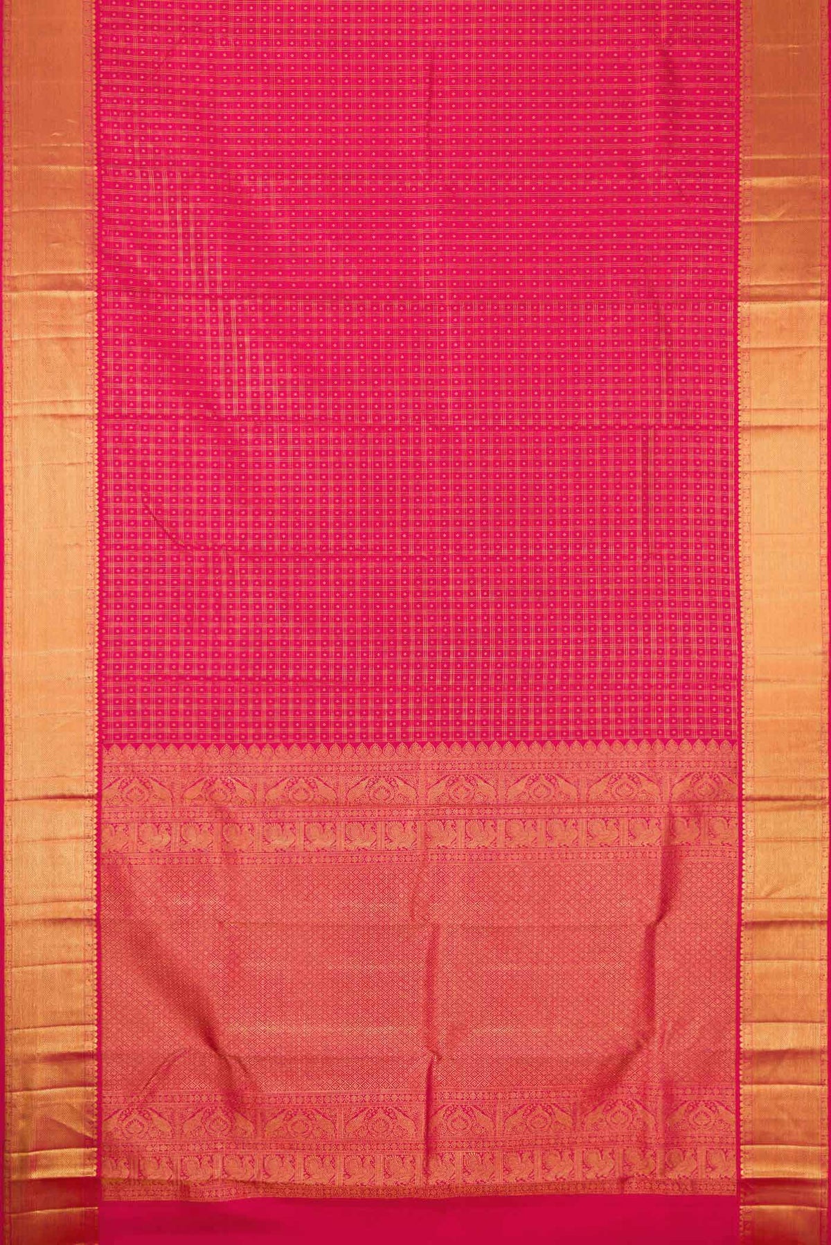 Flat view of Dark Pink Dual Tone Kanjivaram Silk Saree with Zari Brocade on the body and Zari Border. 