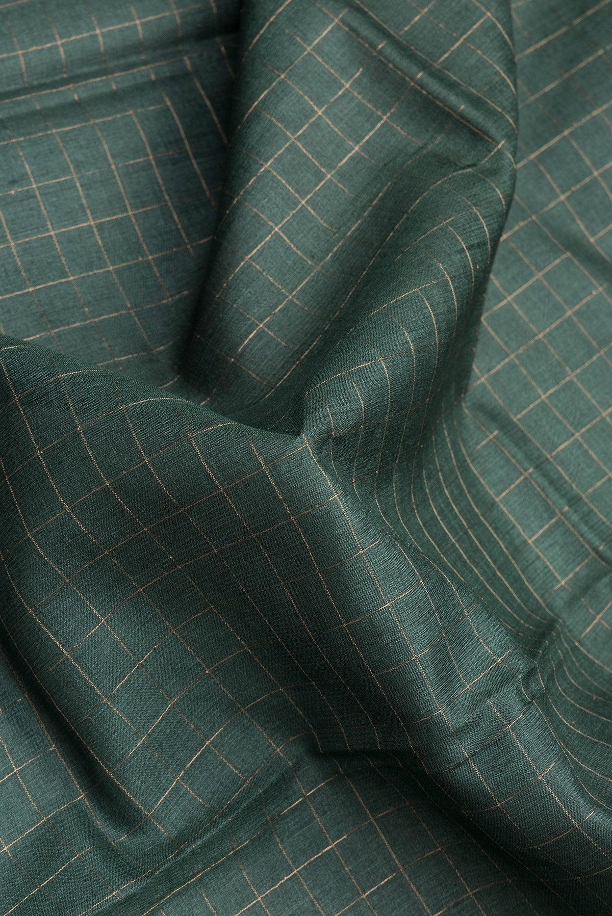 Close up of Green Tussar Silk Saree with Checked design on the body and Printed Border.  displaying folds