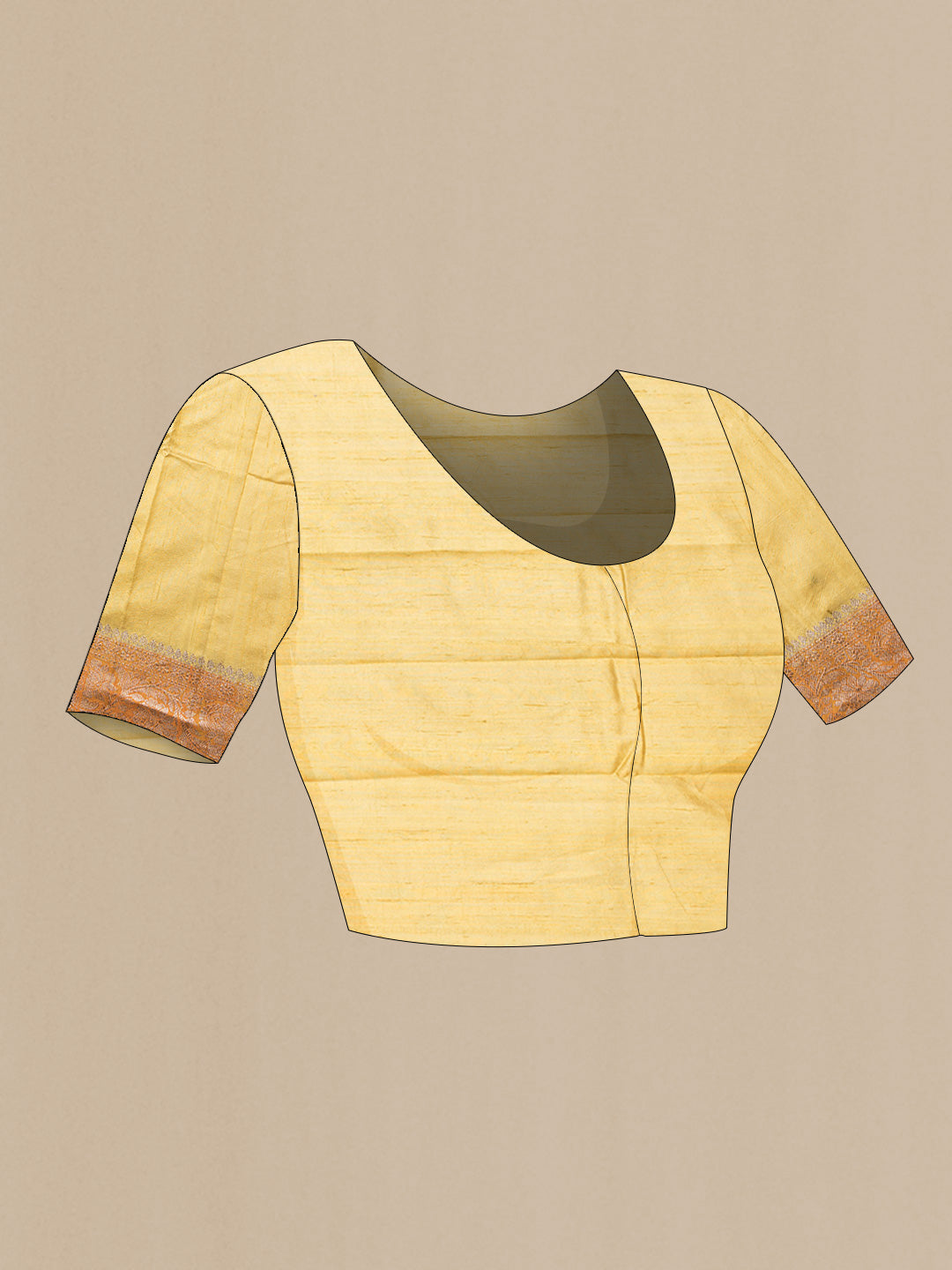 Close up image of the blouse of Yellow Dual Tone Tussar Saree with Zari Butta on the body and Zari Border. 
