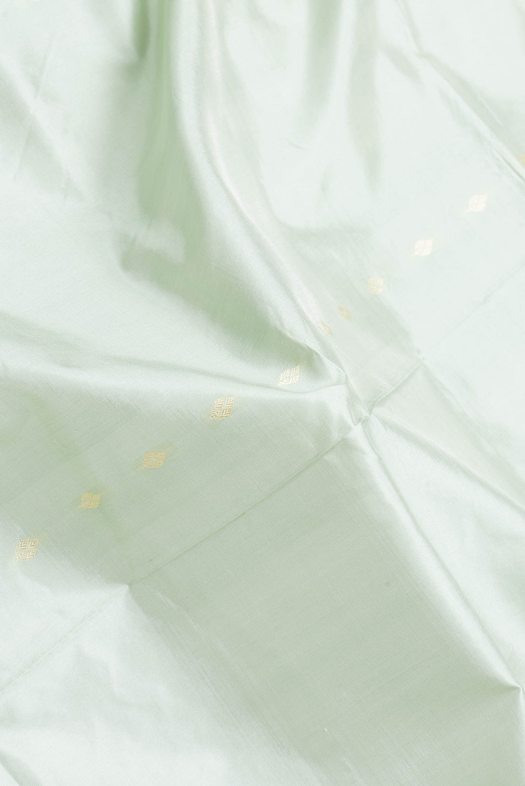 Close up of Pista Green Dual Tone Banarasi Silk Saree with Thread Butta on the body and Thread Border.  displaying folds