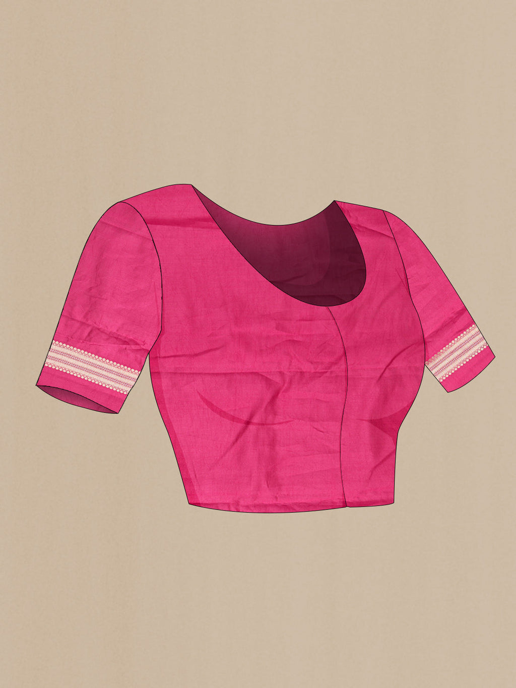 Close up image of the blouse of Red,Purple and Pink Color Tussar Silk Saree with Zari Brocade on the body and Zari Border. 
