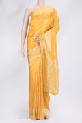 Yellow Dual Tone Mysore Georgette Saree with Embroidery on the body and Embroidery Border.  displayed on a mannequin