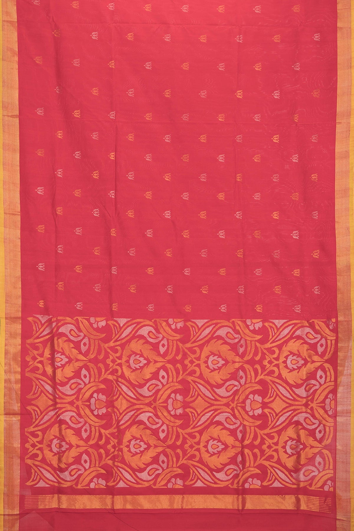 Flat view of Red Dual Tone Uppada Silk Saree with Zari Butta on the body and Zari Border. 