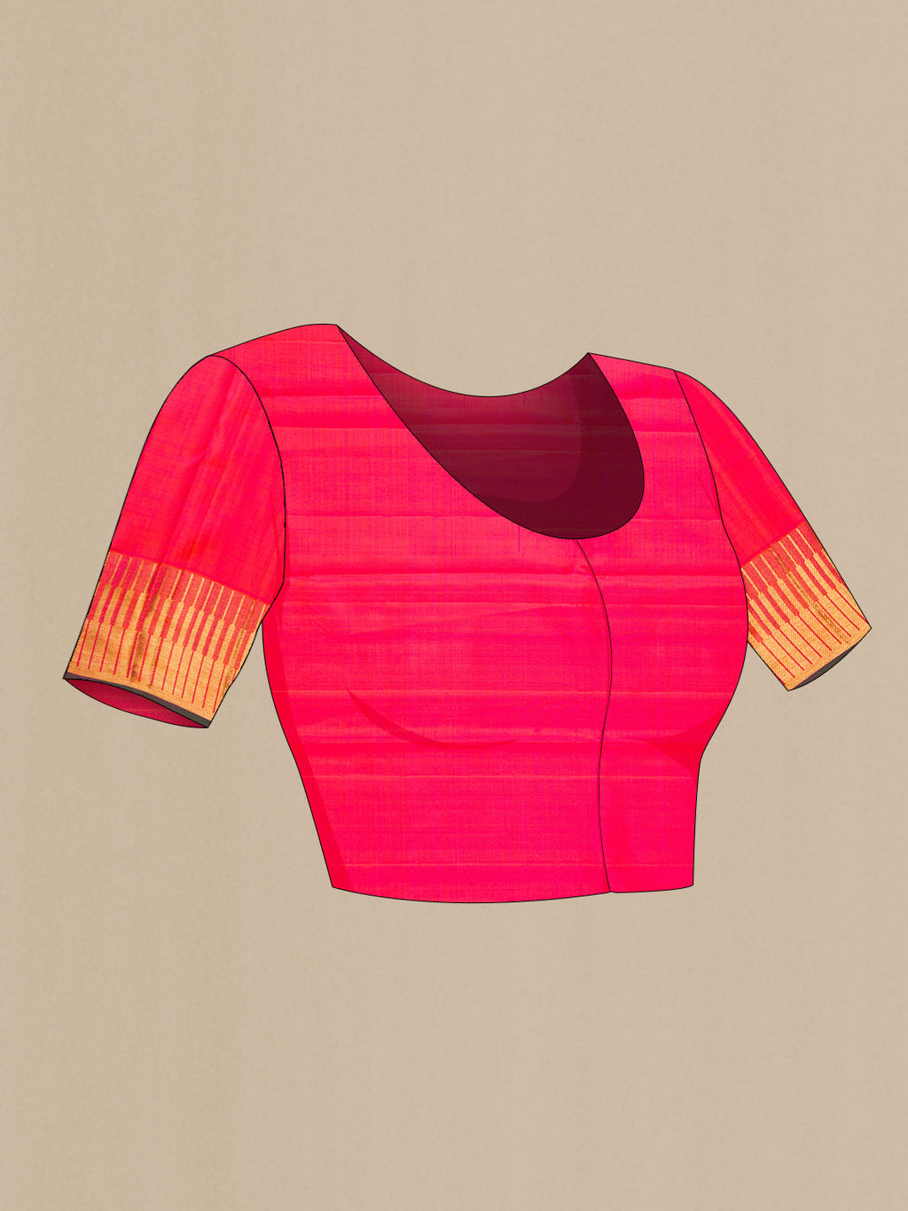 Close up image of the blouse of Orange Kanchipuram Silk Saree with Zari Brocade on the body and Zari Border. 