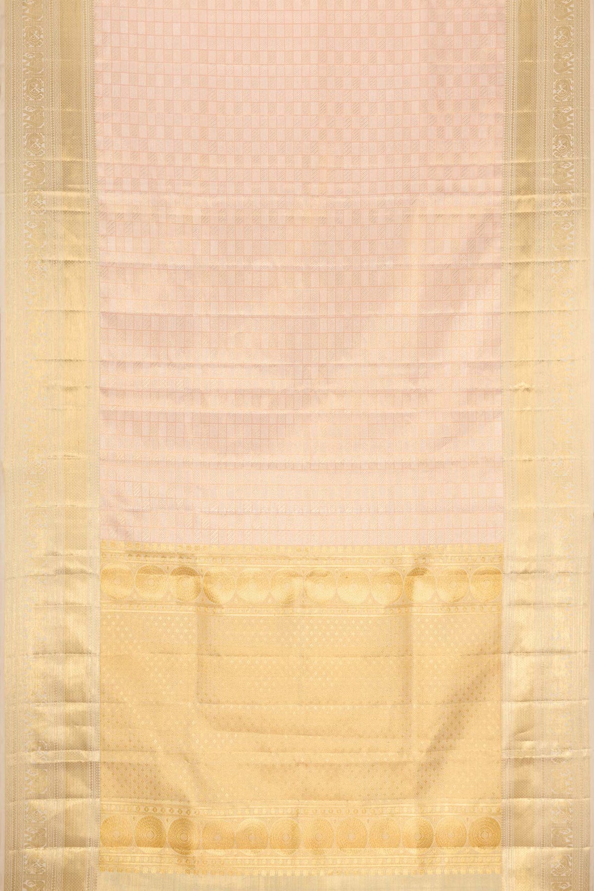 Flat view of Rose Gold Dual Tone Kanjivaram Silk Saree with Zari Brocade on the body and Zari Border. 