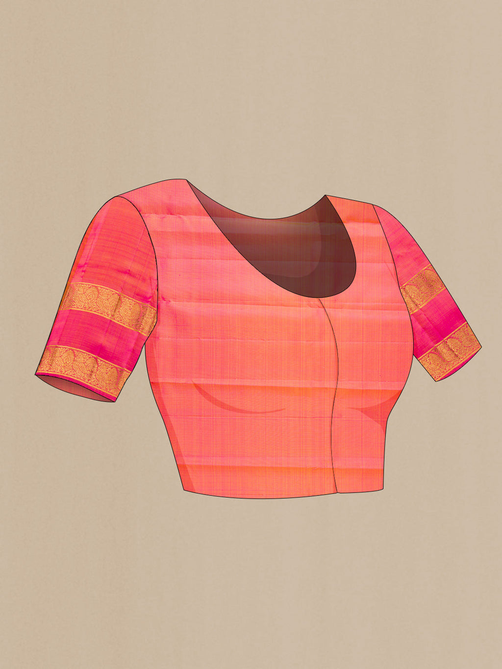 Close up image of the blouse of Mustard Dual Tone Kanchipuram Silk Saree with Stripes on the body and Zari Border. 