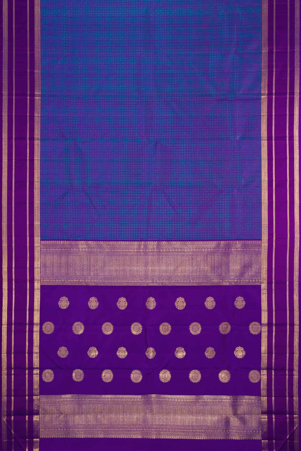 Flat view of Pure Silk Pure Zari Royal Blue Dual Tone Kanjivaram Saree with Jacquard With Zari Butta on the body and Zari Border. 