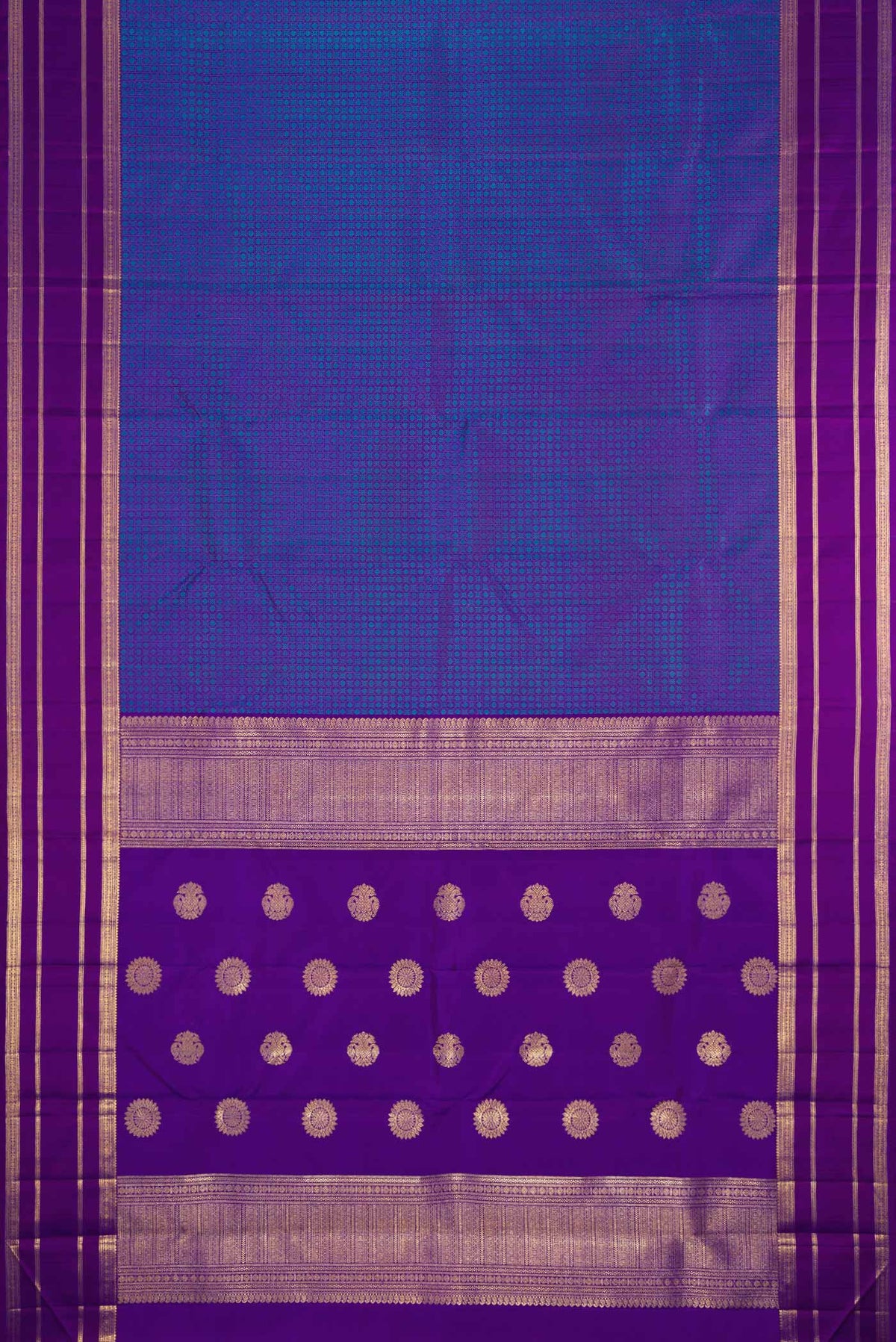 Flat view of Pure Silk Pure Zari Royal Blue Dual Tone Kanjivaram Saree with Jacquard With Zari Butta on the body and Zari Border. 