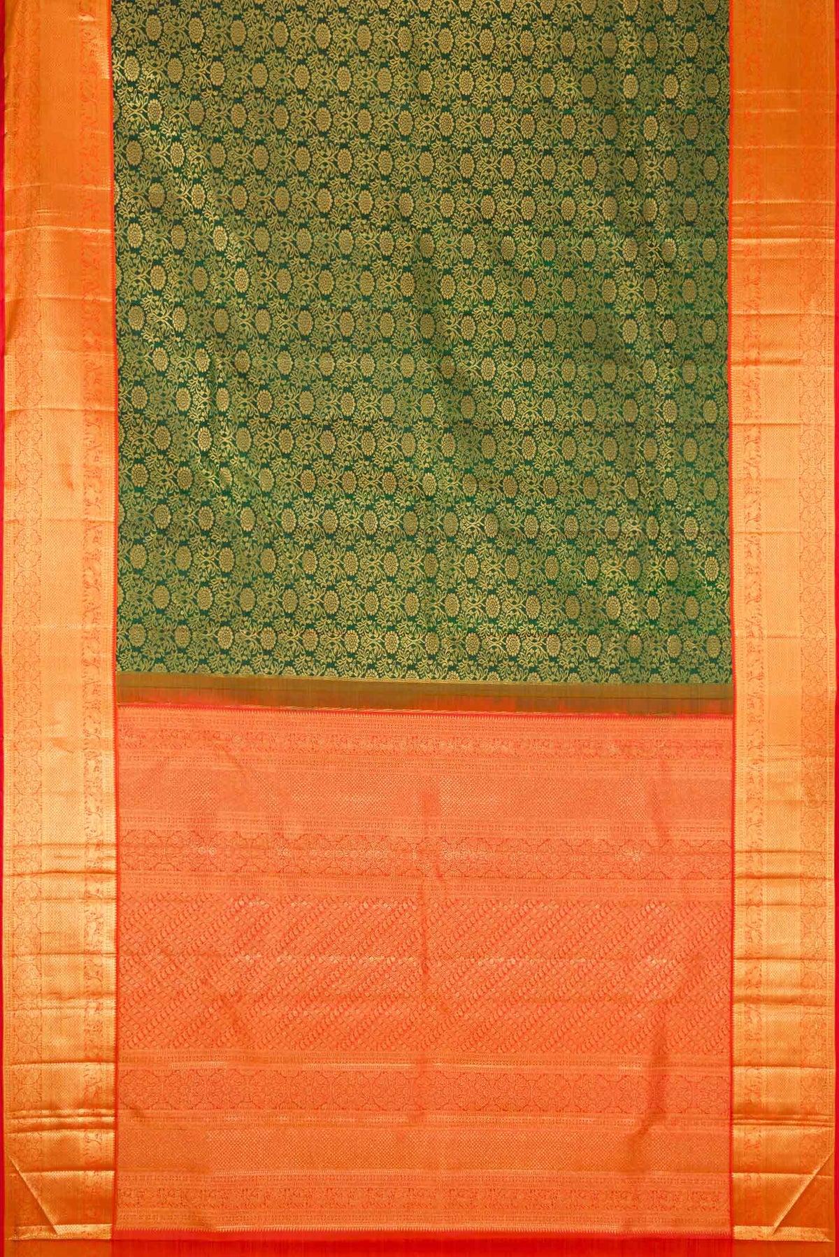 Flat view of Bottle Green Dual Tone Kanchipuram Silk Saree with Zari Brocade on the body and Zari Border. 