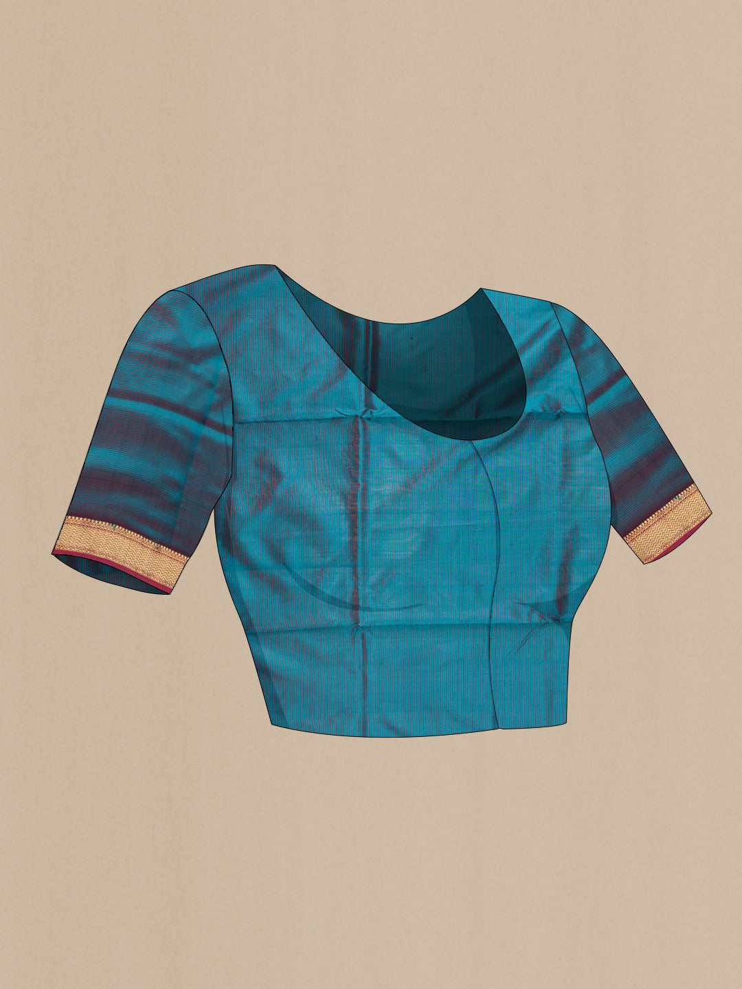 Close up image of the blouse of Peacock Blue Dual Tone Maheshwari Silk Saree with Stripes on the body and Zari Border. 