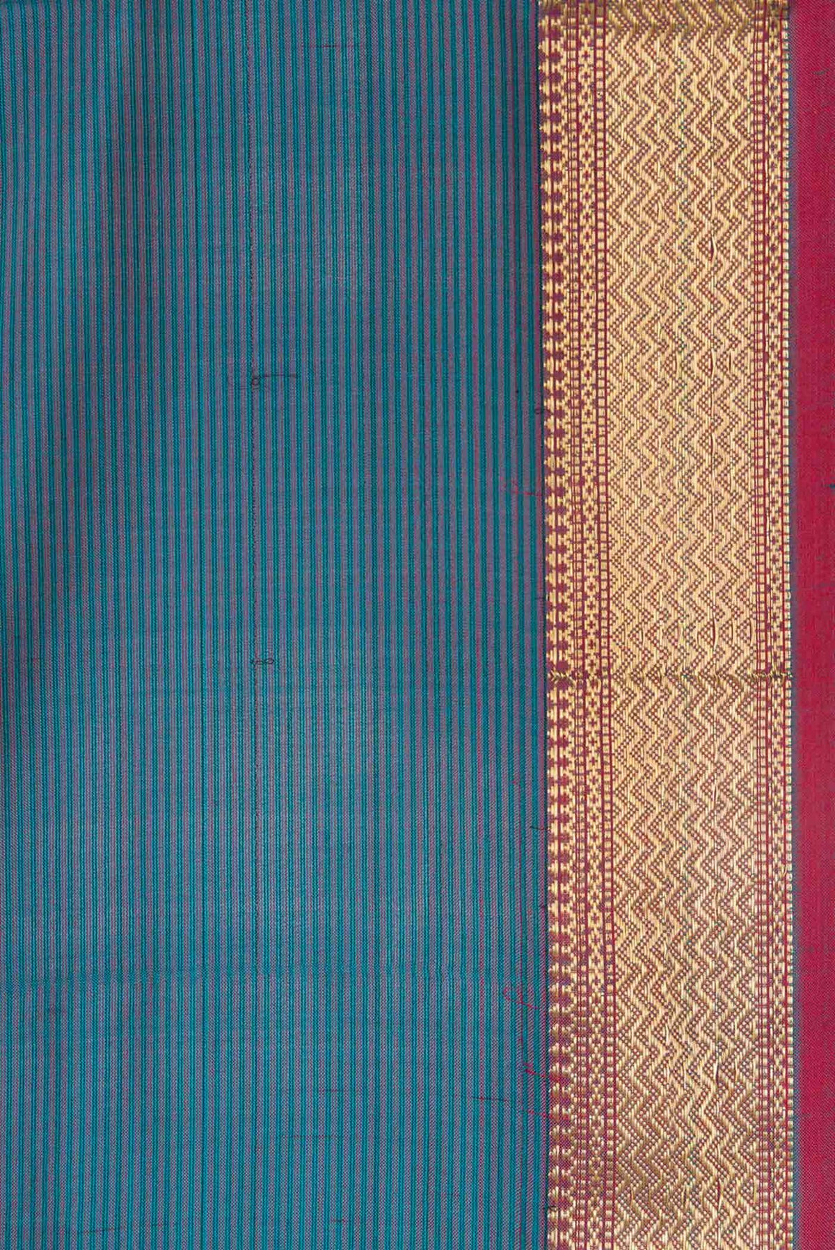 Border image of Peacock Blue Dual Tone Maheshwari Silk Saree with Stripes on the body and Zari Border. 