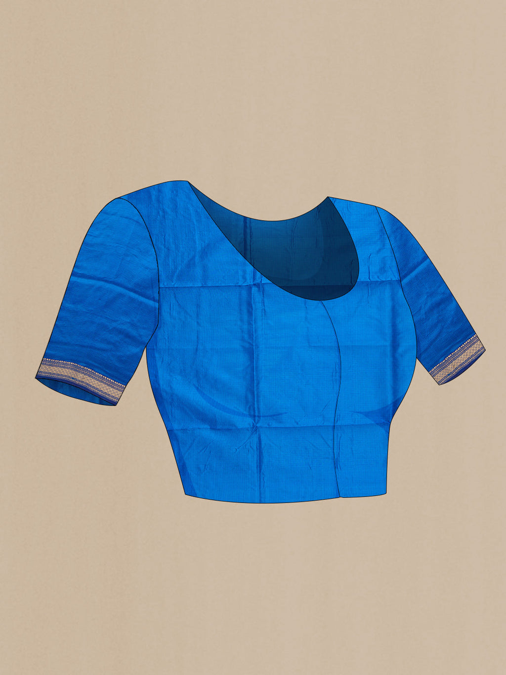 Close up image of the blouse of Royal Blue Dual Tone Maheshwari Silk Saree with Stripes on the body and Zari Border. 