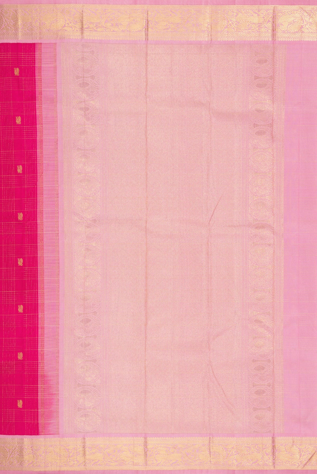 Close up image of the pallu of Dark Pink Dual Tone Kanchipuram Silk Saree with Zari Butta on the body and Zari Border. 