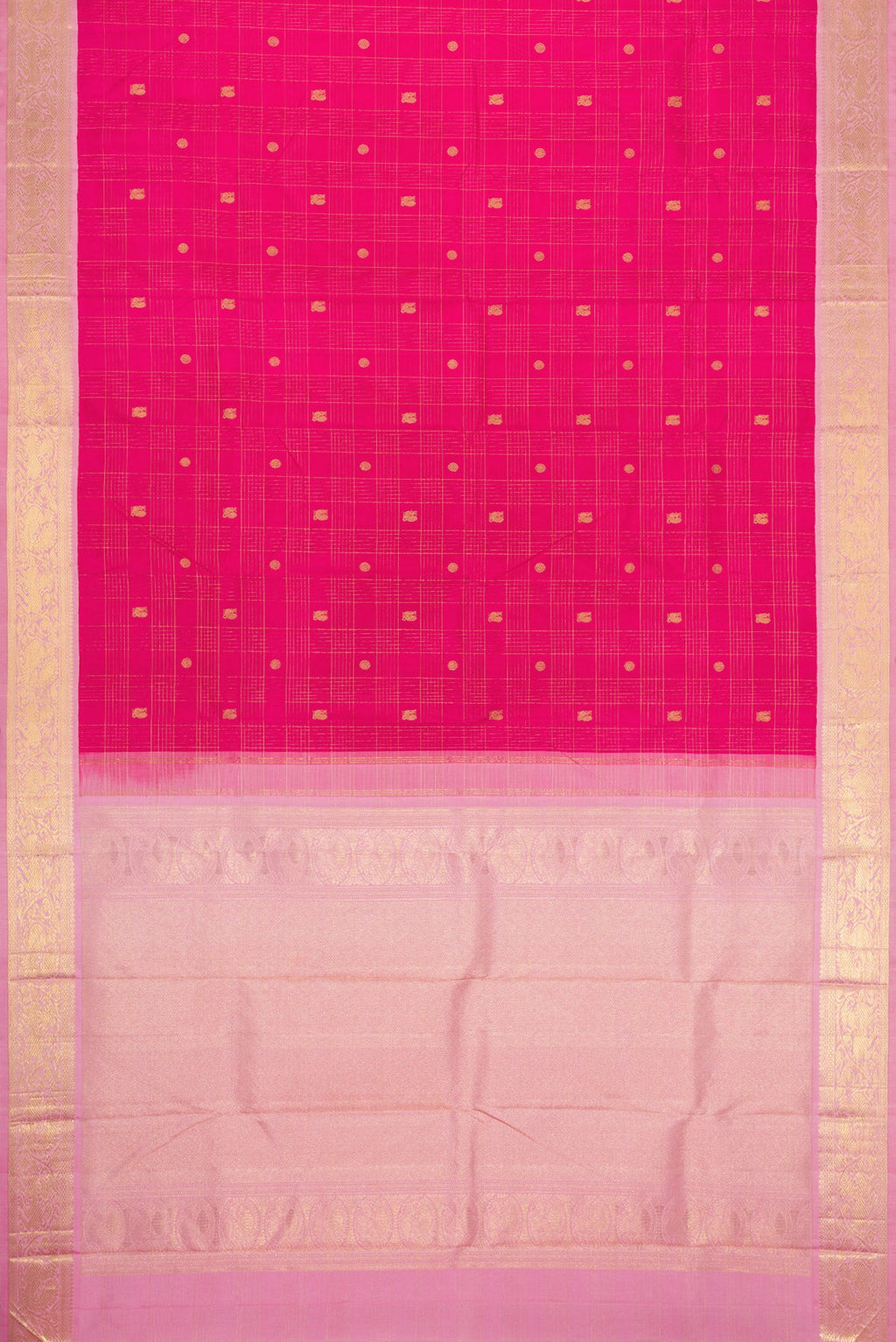Flat view of Dark Pink Dual Tone Kanchipuram Silk Saree with Zari Butta on the body and Zari Border. 