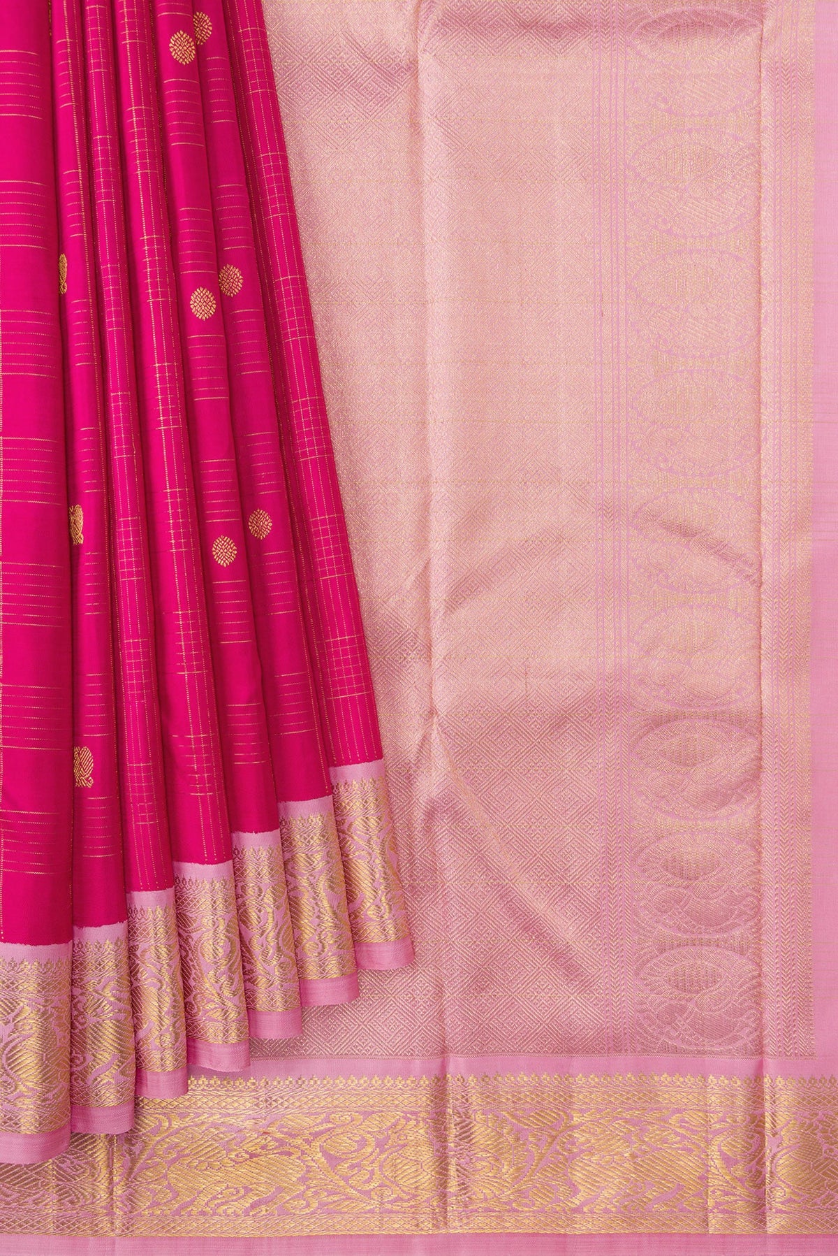 Pleats and pallu of Dark Pink Dual Tone Kanchipuram Silk Saree with Zari Butta on the body and Zari Border. 