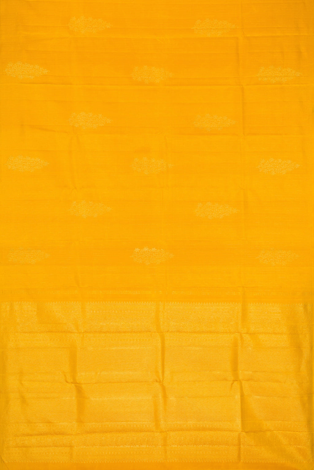 Flat view of Yellow Dual Tone Kanjivaram Silk Saree with Stripes on the body and Without Border. 