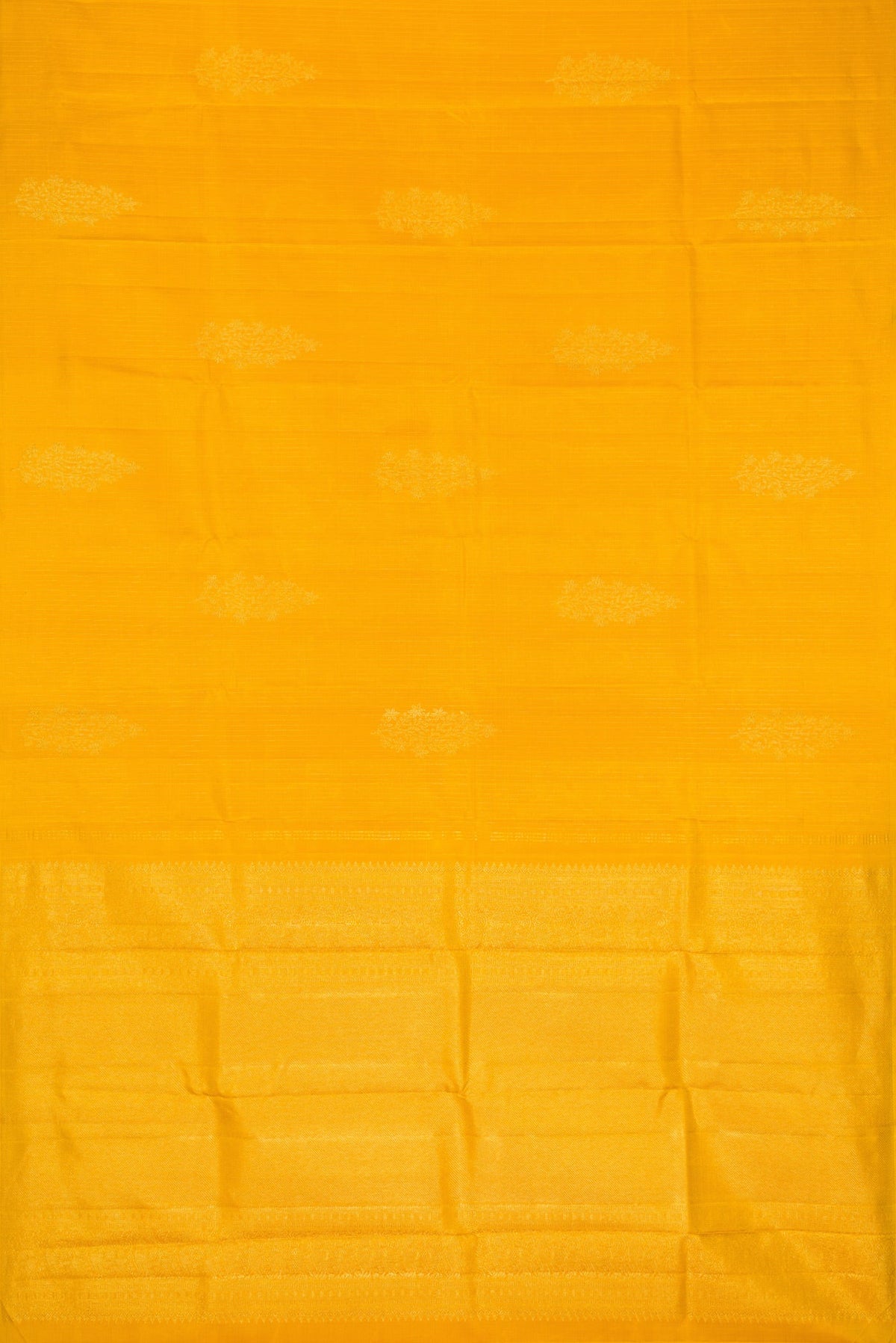 Flat view of Yellow Dual Tone Kanjivaram Silk Saree with Stripes on the body and Without Border. 