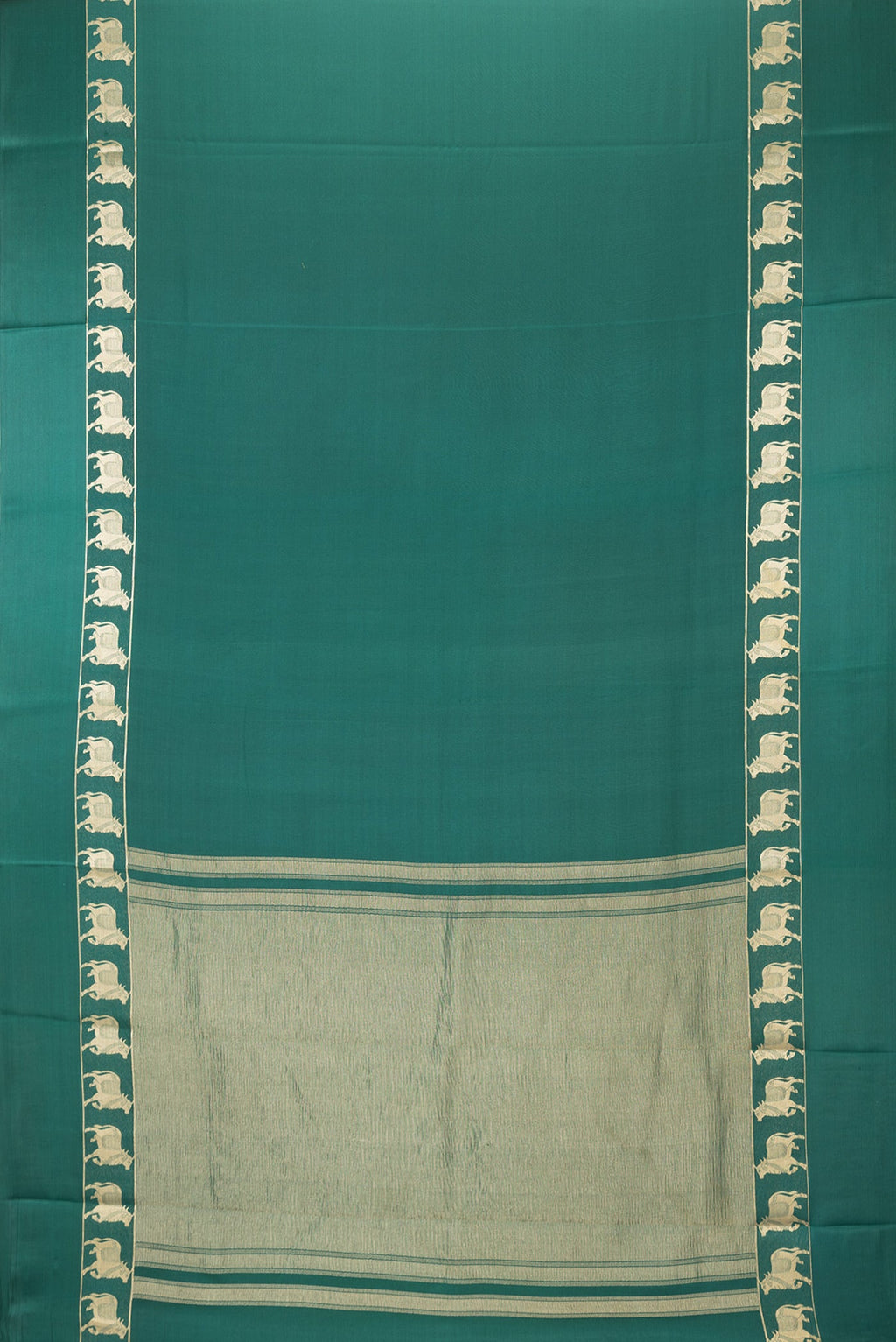Flat view of Bottle Green Dual Tone Mysore Silk Saree with Plain Body and Fancy Border. 