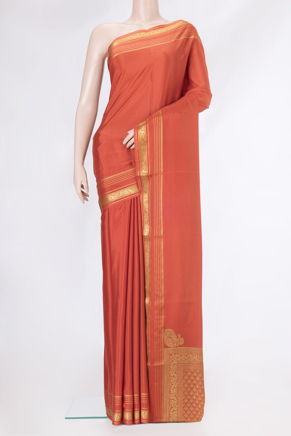Orange Dual Tone Mysore Silk Saree with Plain Body and Zari Border.  displayed on a mannequin