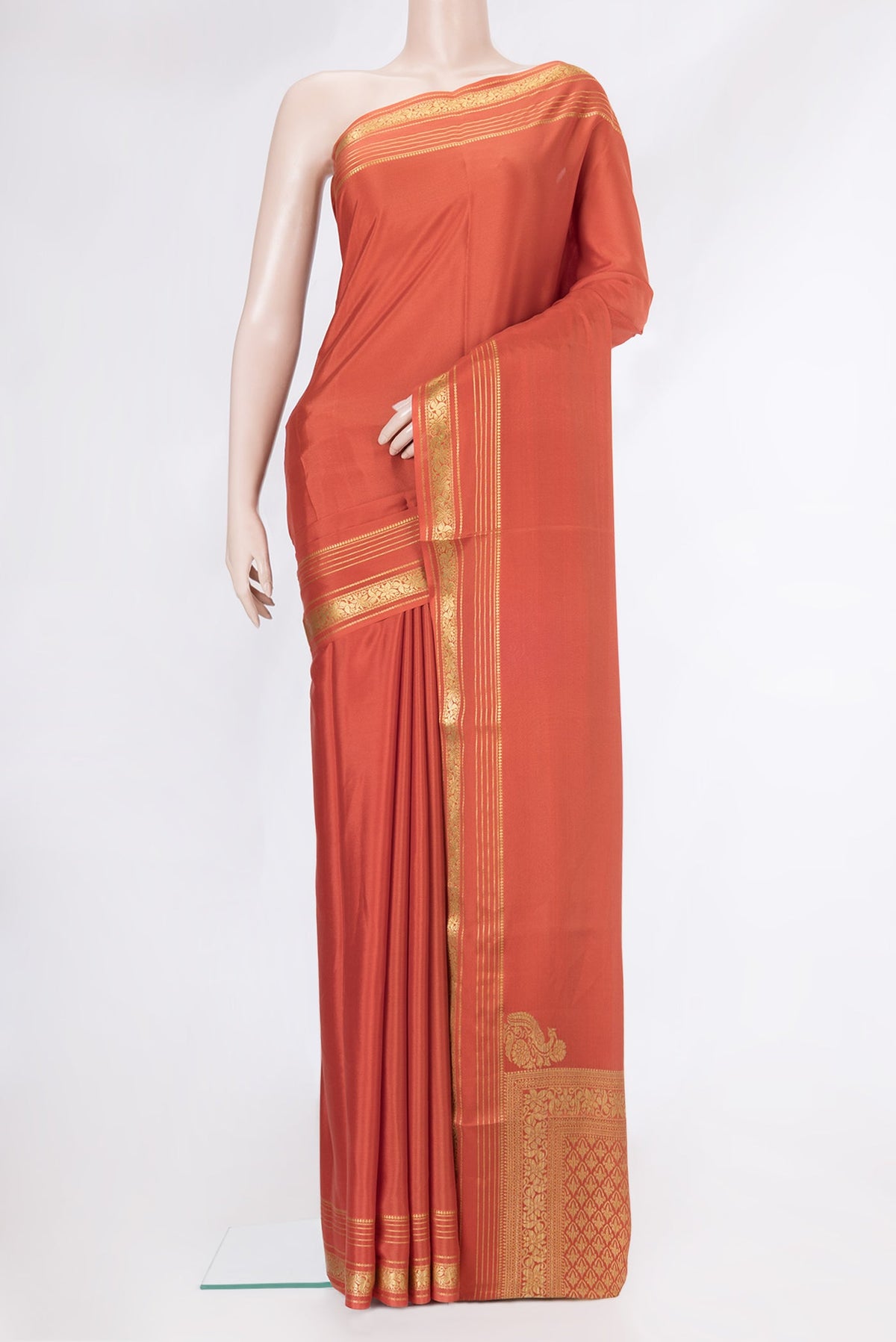 Orange Dual Tone Mysore Silk Saree with Plain Body and Zari Border.  displayed on a mannequin