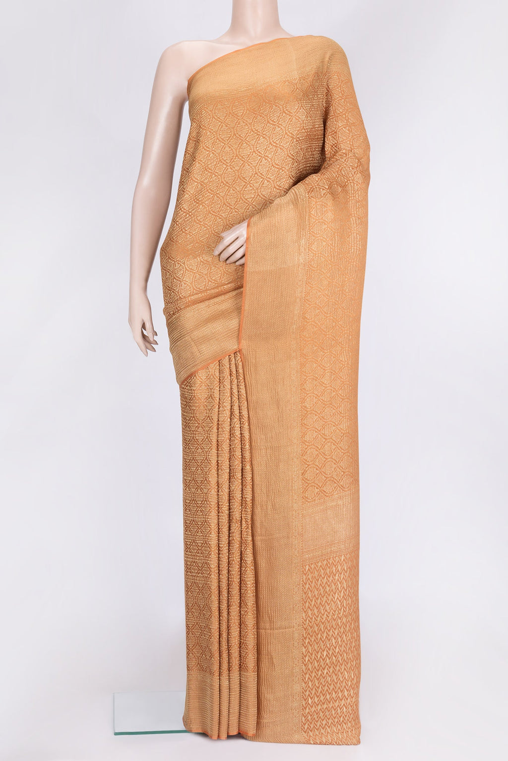 Orange Dual Tone Mysore Georgette Saree with Zari Brocade on the body and Zari Border.  displayed on a mannequin