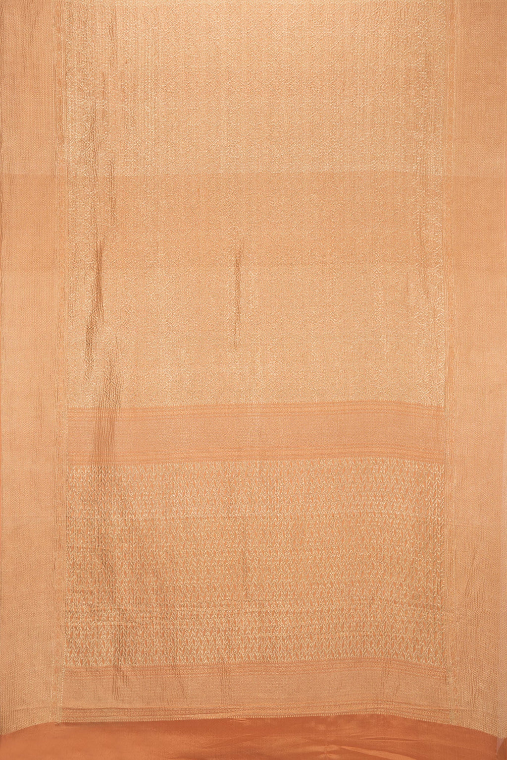 Flat view of Orange Dual Tone Mysore Georgette Saree with Zari Brocade on the body and Zari Border. 