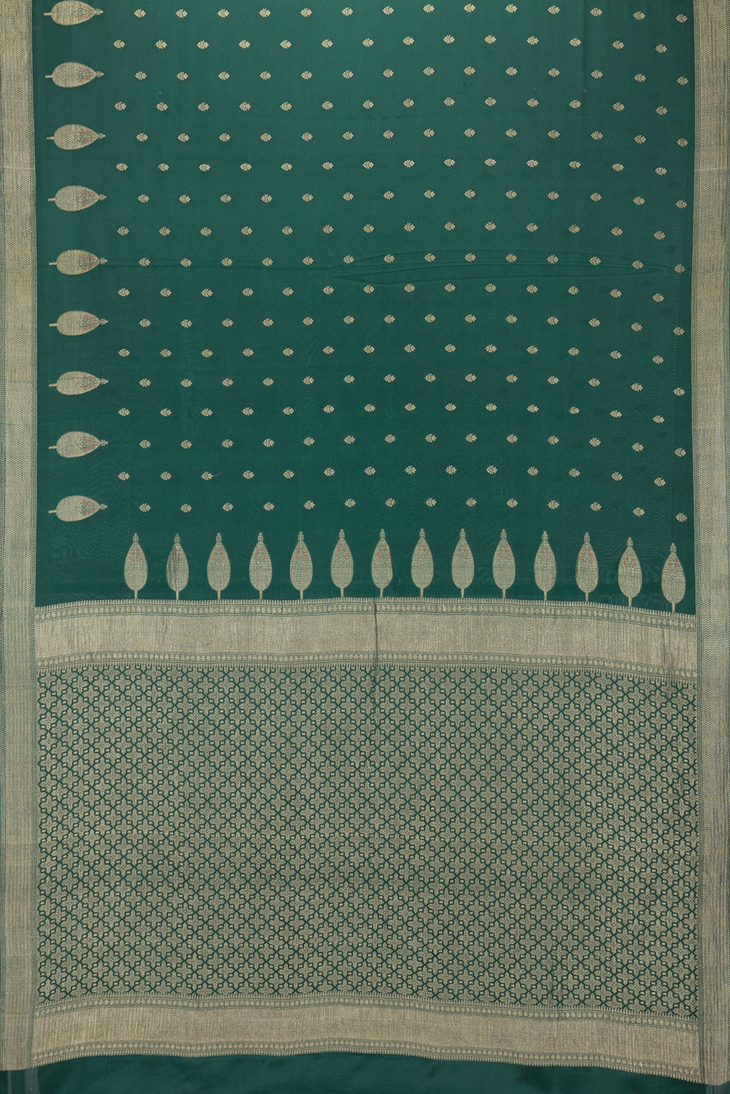 Flat view of Bottle Green Dual Tone Mysore Georgette Saree with Zari Butta on the body and Zari Border. 