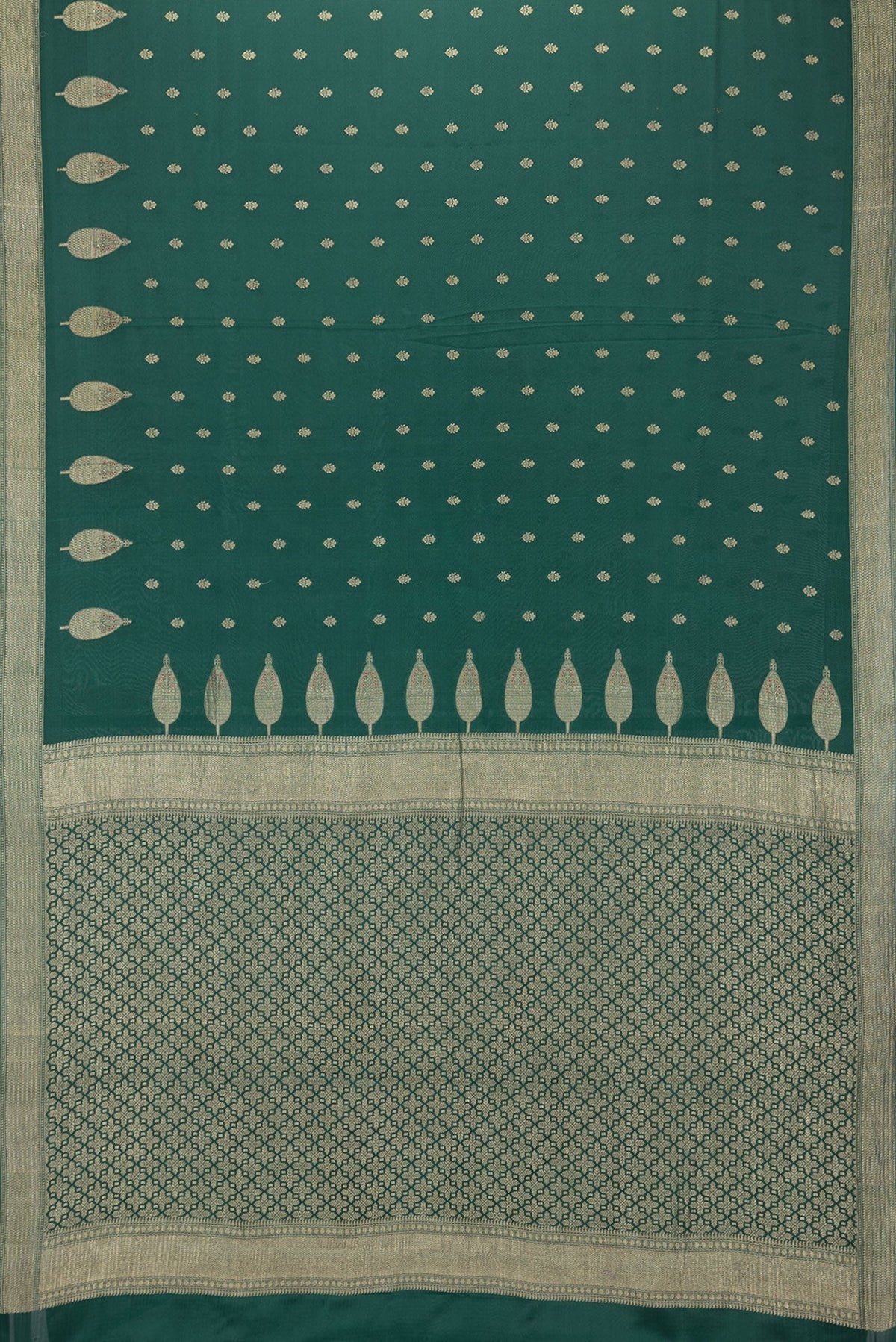 Flat view of Bottle Green Dual Tone Mysore Georgette Saree with Zari Butta on the body and Zari Border. 