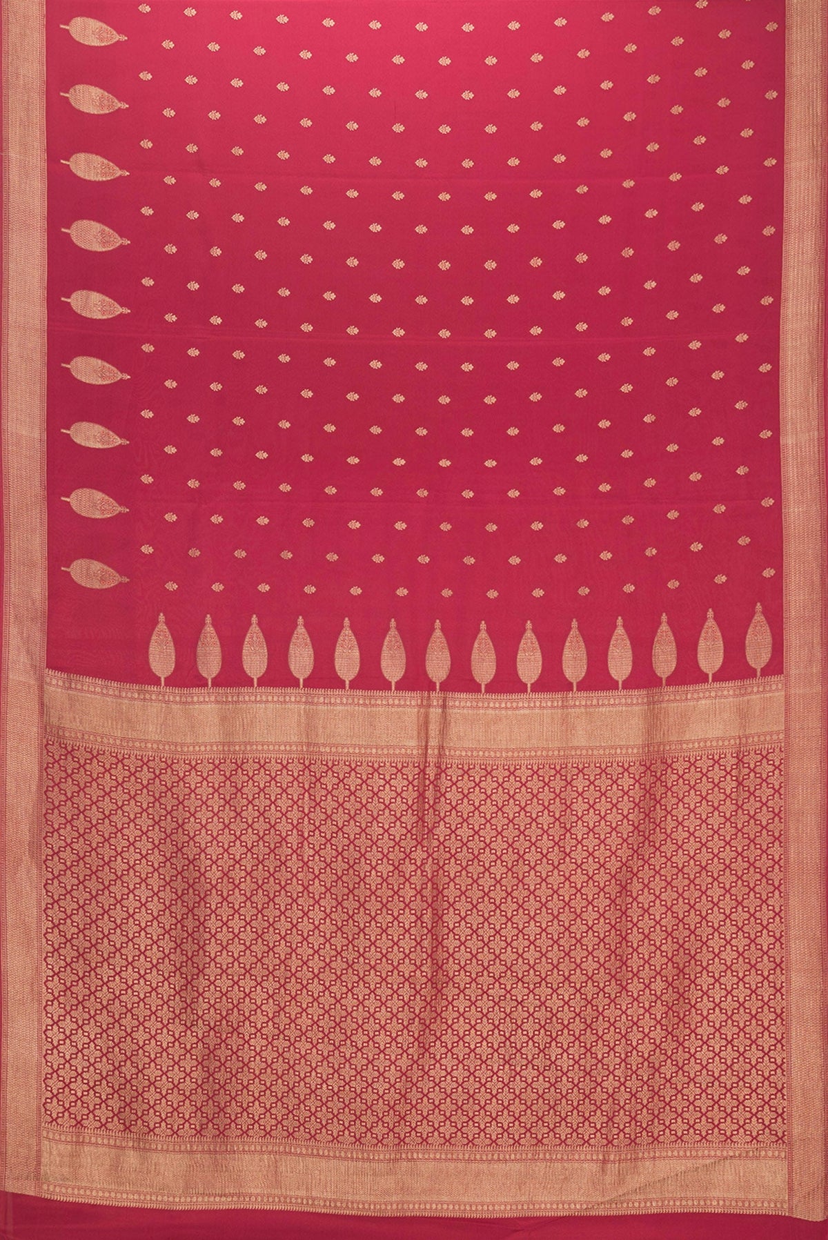 Flat view of Red Mysore Crepe Saree with Zari And Thread Butta on the body and Zari Border. 