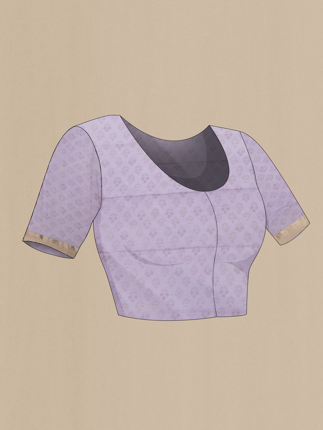 Close up image of the blouse of Lavender Dual Tone Mysore Chiffon Saree with Printed design on the body and Zari Border. 