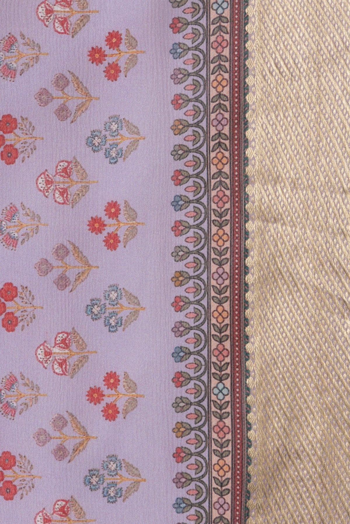 Border image of Lavender Dual Tone Mysore Chiffon Saree with Printed design on the body and Zari Border. 