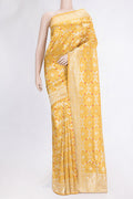 Mustard Dual Tone Banarasi Silk Saree with Zari Brocade on the body and Zari Border.  displayed on a mannequin
