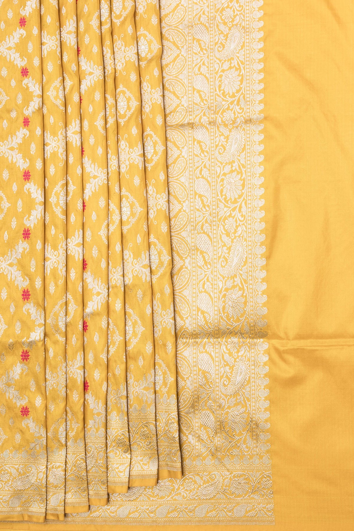 Pleats and pallu of Mustard Dual Tone Banarasi Silk Saree with Zari Brocade on the body and Zari Border. 