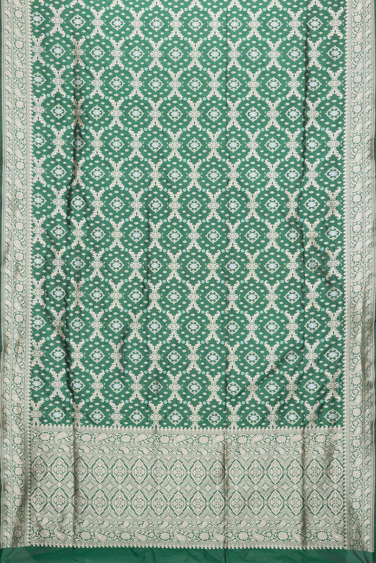 Flat view of Bottle Green Dual Tone Banarasi Silk Saree with Zari Brocade on the body and Zari Border. 
