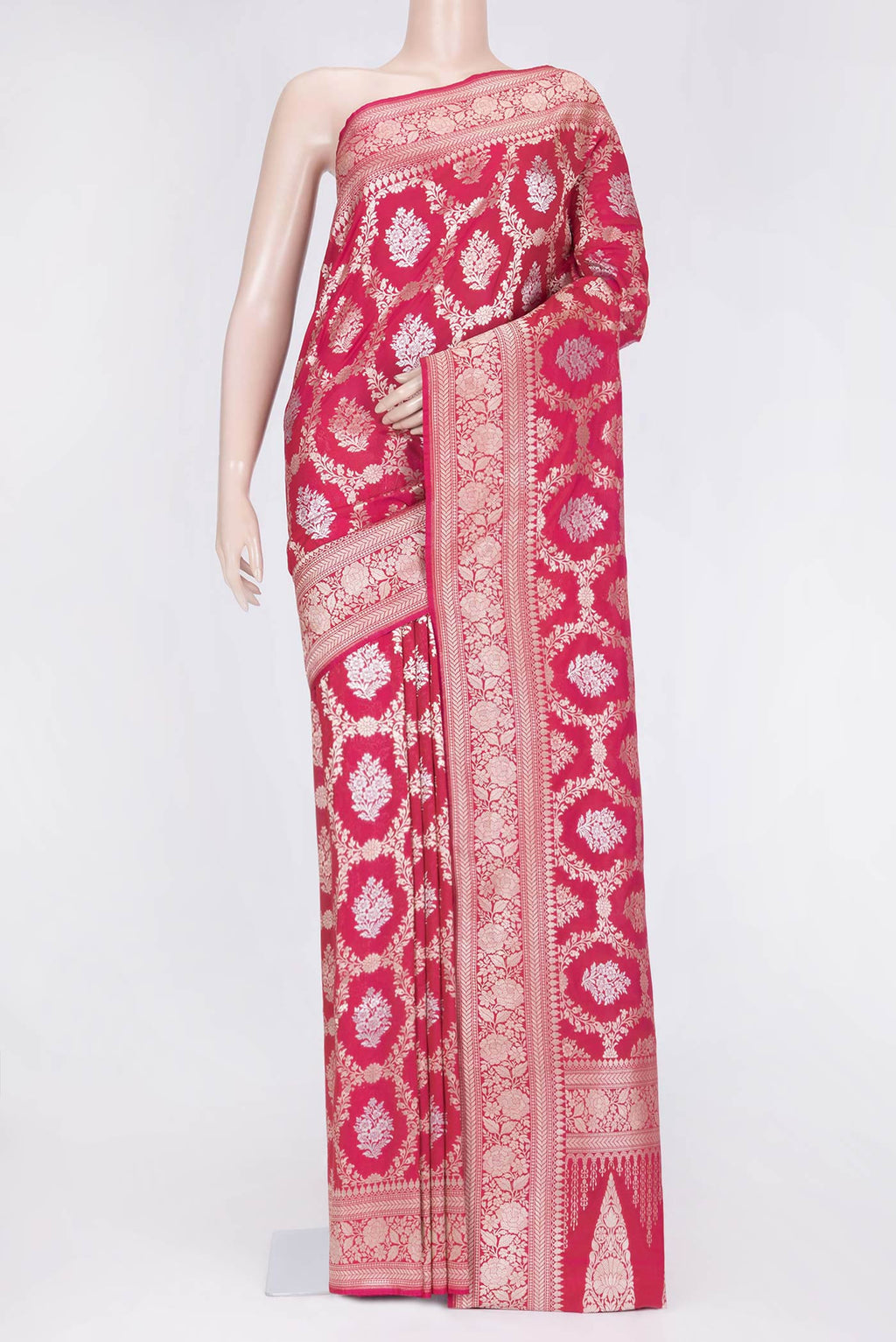 Dark Pink Dual Tone Blended Banarasi Saree with Zari Brocade on the body and Zari Border.  displayed on a mannequin