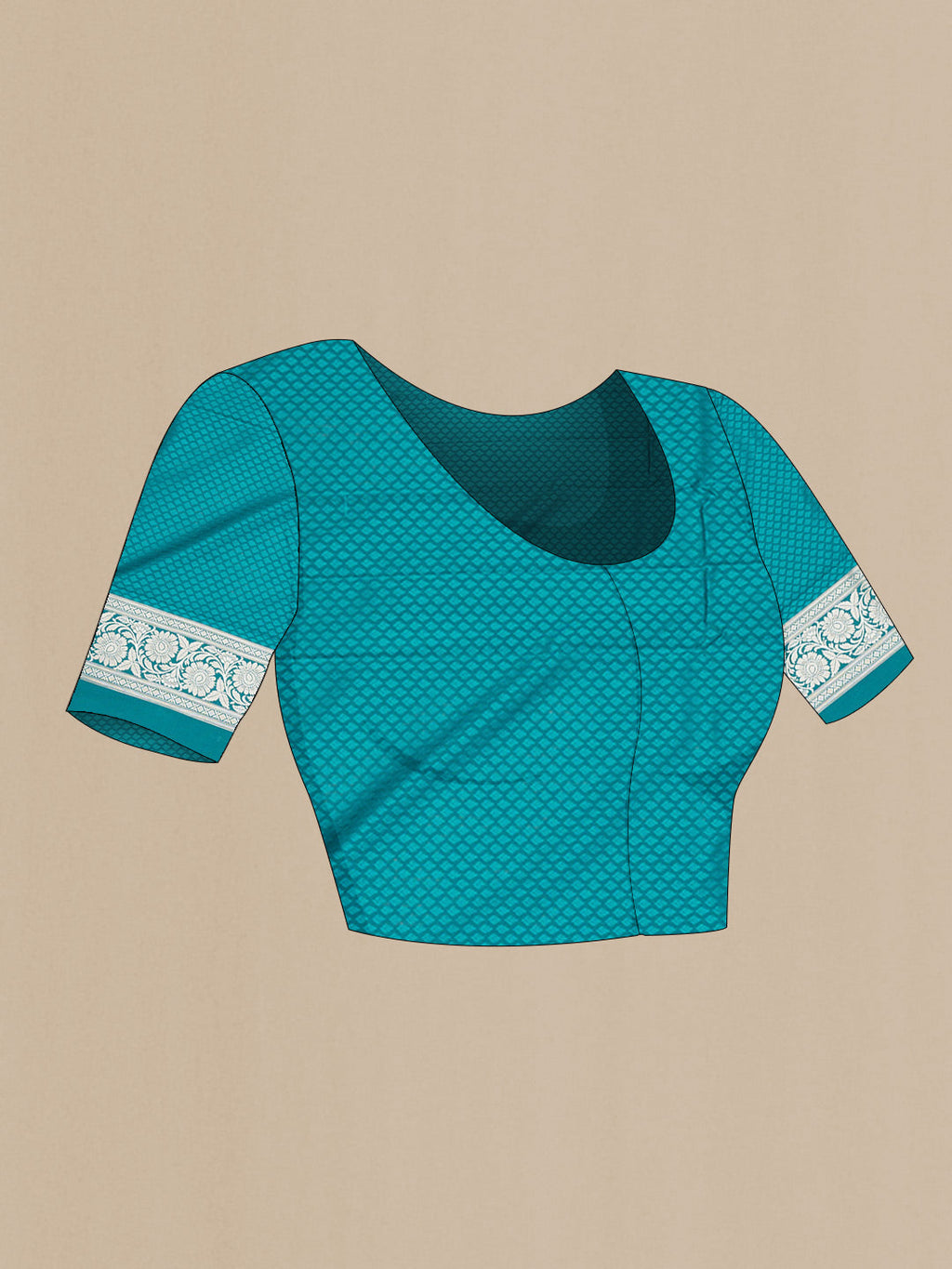 Close up image of the blouse of Peacock Blue Dual Tone Blended Banarasi Saree with Zari Butta on the body and Zari Border. 