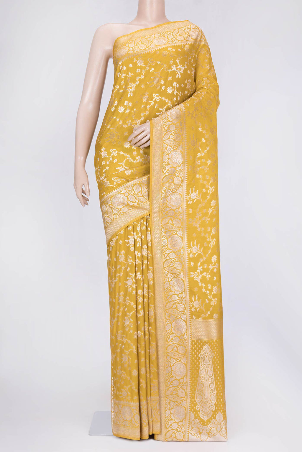 Yellow Dual Tone Blended Banarasi Saree with Zari Brocade on the body and Zari Border.  displayed on a mannequin