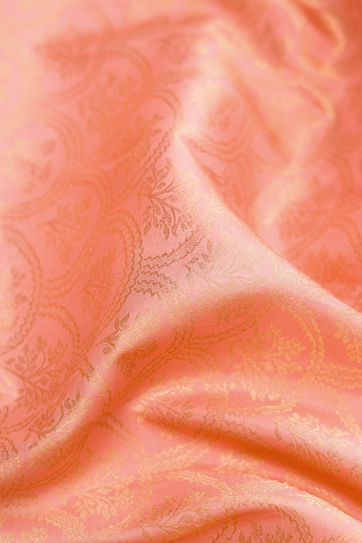 Close up of Peach Dual Tone Kanjivaram Silk Saree with Zari Brocade on the body and Zari Border.  displaying folds